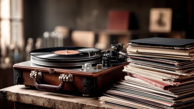 An old turntable with a pile of vintage vinyl records near it