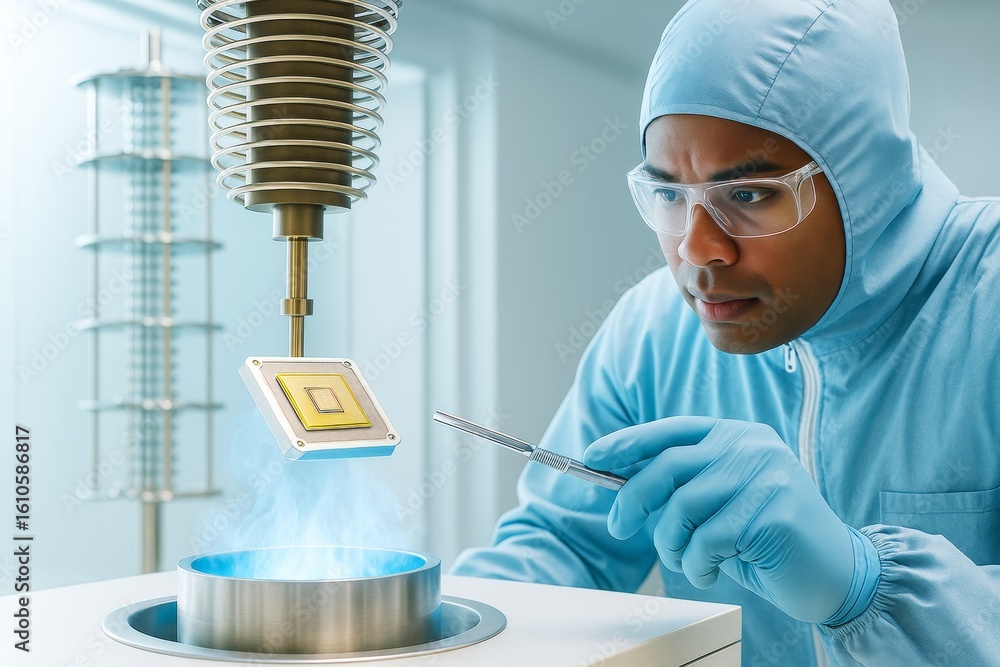Poster scientist in cleanroom handling microchip component with tweezers under superconducting magnetic cha