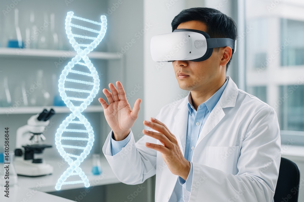 Poster scientist using virtual reality headset with glowing dna strand in modern laboratory, exploring futu