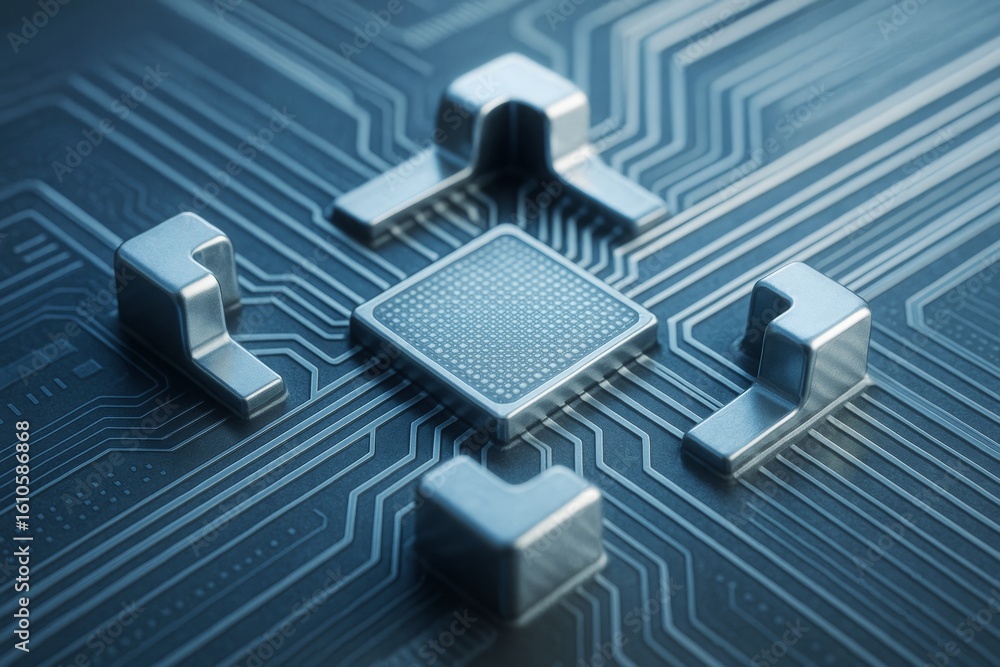 Poster close-up of futuristic circuit board with microchip and metallic connectors on dark blue background,