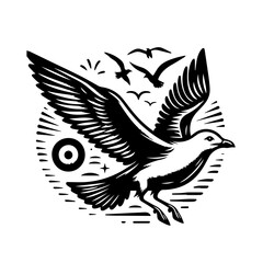 Obraz premium A seagull soars with outstretched wings against a stylized sun