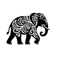 An ornate black elephant with intricate patterns walks proudly
