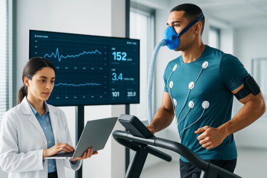 Male athlete running on treadmill with oxygen mask during cardiopulmonary exercise test while female doctor monitors data on laptop in lab setting. Ai generative