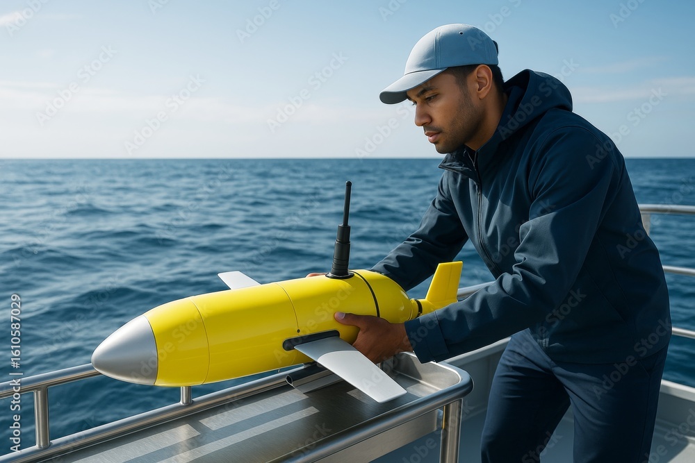 Aufkleber man prepares yellow underwater drone for deployment on ocean research vessel during daylight, showca