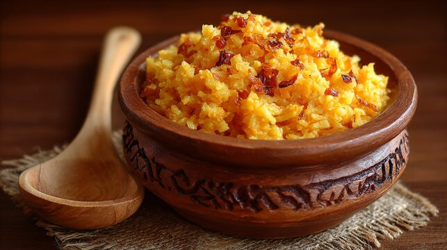 Traditional panta bhat fermented rice dish in rustic wooden bowl with wooden spoon. - Powered by Adobe