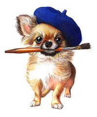 Ritratto di chihuahua vestito da pittore con un berretto blu e un pennello in bocca, illustrazione isolata