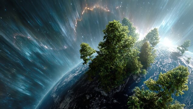 3D illustration of planet Earth with green trees and leaves on the surface, space background with sun, stars, and sky. World Environment Day concept. 