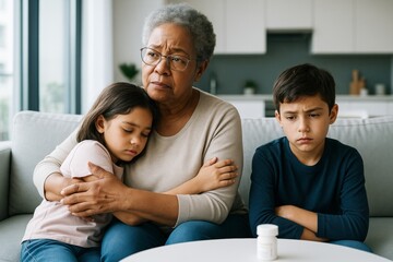 Sad grandmother comforting two children on couch while boy looks at medication bottle, illustrating family health and social issue concept indoors. Ai generative