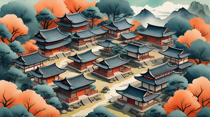 samurai village flat design, top view, historical Japan theme, watercolor, splitcomplementary color scheme