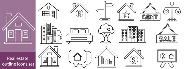 Real estate editable stroke outline icons set isolated on white background flat vector illustration.