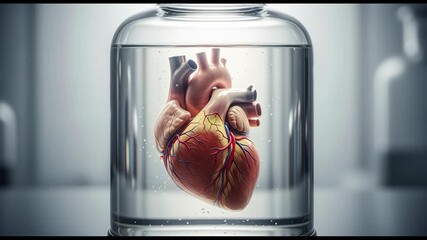 A detailed human heart model is meticulously preserved in a clear glass jar filled with liquid, symbolizing medical research and organ donation.