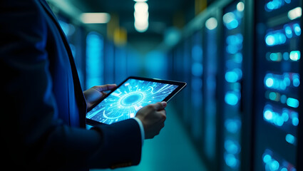 Technician monitoring glowing digital network data on a tablet in a server room