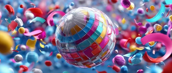 Celebration Sphere: A vibrant burst of color and festivity erupts around a dazzling sphere, with streamers, confetti, and balloons dancing in a dynamic display of joy and exuberance. 