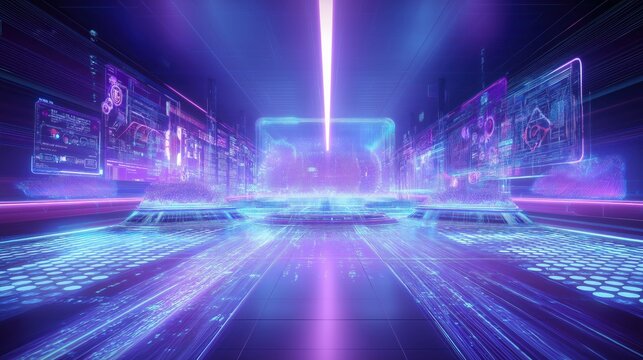 データと光が流れる近未来のバーチャル空間 | Futuristic virtual space with flowing data and light