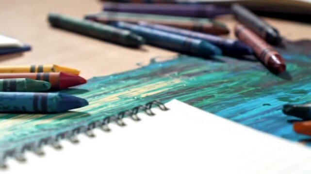 Crayons and sketchbook on wooden table with colorful art supplies  
