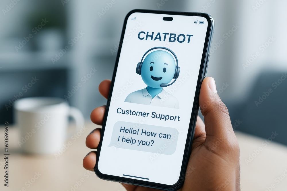 Aufkleber person holding smartphone displaying chatbot customer support interface with friendly assistant on b