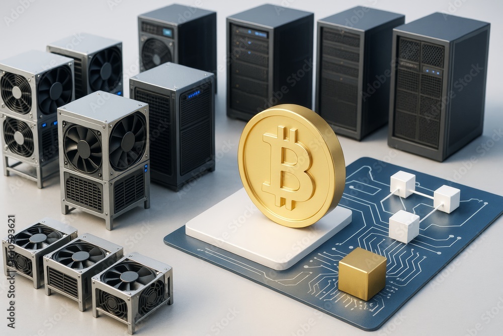 Poster bitcoin mining equipment with cooling units and blockchain circuit board on light abstract backgroun