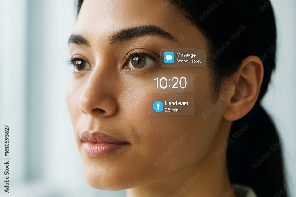 Aufkleber futuristic woman with digital augmented reality interface displaying message, time, and navigation o