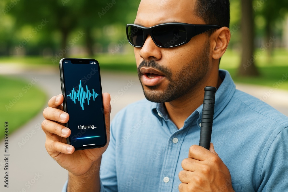 Poster visually impaired man using voice assistant on smartphone while walking outdoors with cane, demonstr
