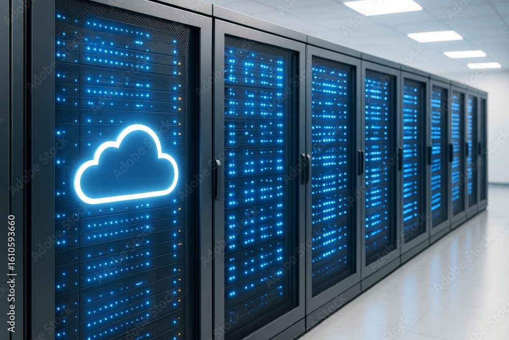 Poster cloud computing concept with glowing cloud icon on server racks in modern data center, blue lights a