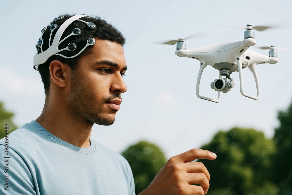 Poster man controlling drone with mind using futuristic brain-computer interface headset outdoors on a brig