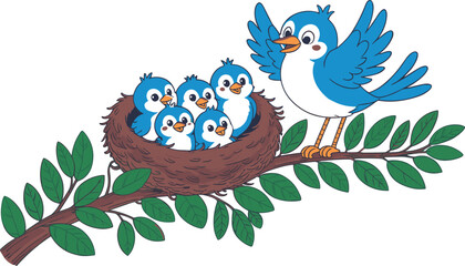 Cartoon blue bird, baby birds in nest, mother bird feeding chicks, tree branch, green leaves, cute vector illustration, nature scene