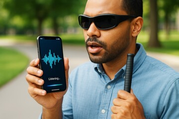 Visually impaired man using voice assistant on smartphone while walking outdoors with cane, demonstrating accessible technology use. Ai generative