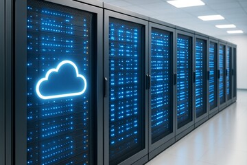 Cloud computing concept with glowing cloud icon on server racks in modern data center, blue lights and futuristic technology background. Ai generative