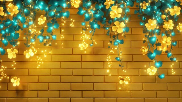 Glowing Blue and Yellow Flowers on Yellow Brick Wall &ndash; Festive Floral Background with Lights for Decor and Celebration Themes


