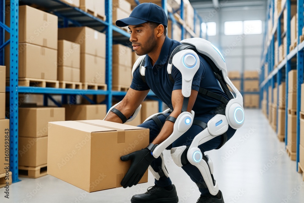 Poster warehouse worker using advanced robotic exoskeleton suit for lifting heavy boxes, highlighting weara