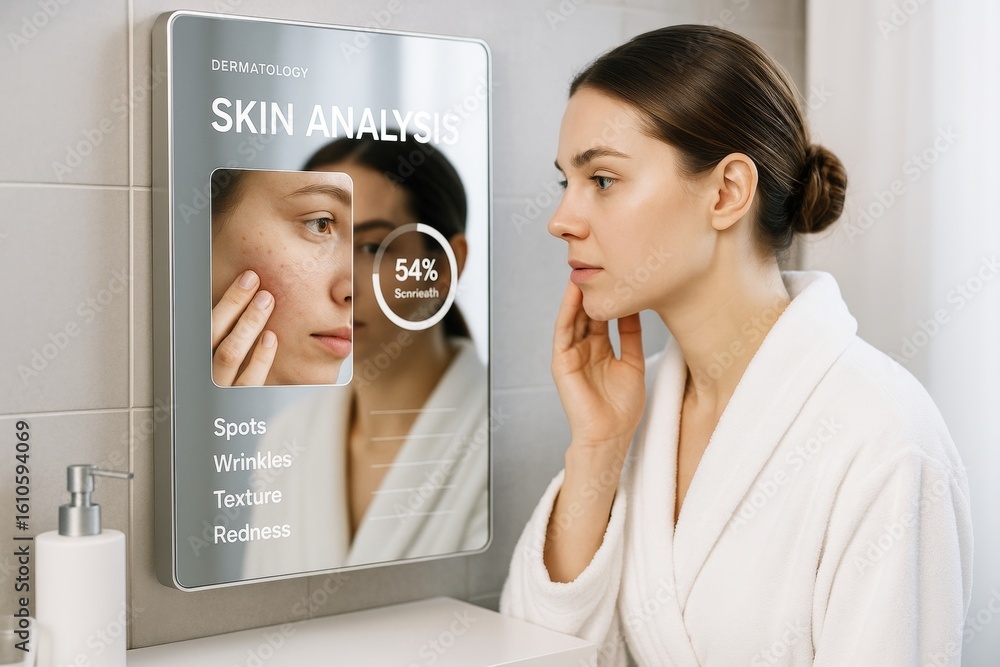 Poster woman using smart mirror for facial skin analysis with futuristic technology display in bathroom, ev