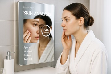 Woman using smart mirror for facial skin analysis with futuristic technology display in bathroom, evaluating texture and spots on light background. Ai generative