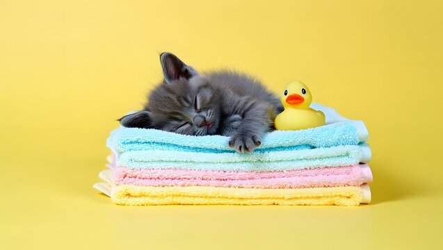 Adorable fluffy kitten sleeping peacefully on a stack of soft colorful towels with a rubber ducky - Powered by Adobe
