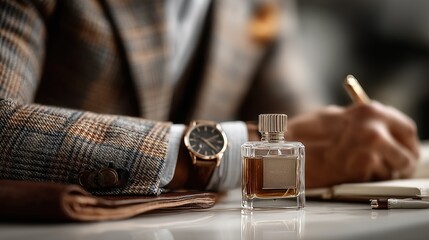 Man In Plaid Jacket Writing At Desk With Perfume And Watch