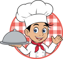 Cartoon chef boy holding silver tray, smiling cook with hat and red scarf, restaurant mascot character, kitchen service vector art