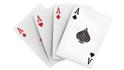3D render of playing cards with four aces, white background, flat design illustration, vector style, clipart, PNG, white color, Transparent background PNG