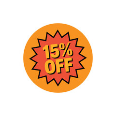 15% Off Discount Badge – Comic Style Promotional Sale Sticker in Round Shape on White Background

