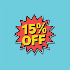Colorful Pop Style 15 Percent Discount Vector Label Design on Blue Background

