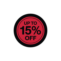 Up to 15% OFF Discount Badge – Red Circular Promotional Label for Sales, E-commerce, and Marketing Campaigns

