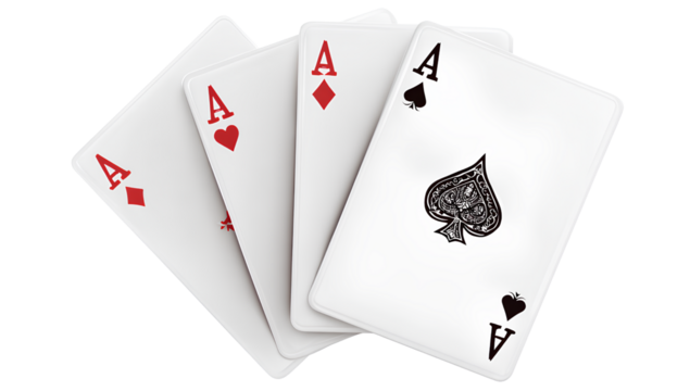 3D render of playing cards with four aces, white background, flat design illustration, vector style, clipart, PNG, white color, Transparent background PNG