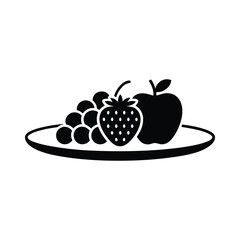 Fruit Plate Silhouette Icon – Apple, Strawberry, and Grapes on Dish Vector for Healthy Food, Diet, and Restaurant Design

