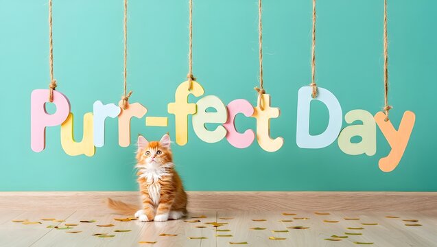 Adorable orange cat sits under a purr fect day banner with confetti