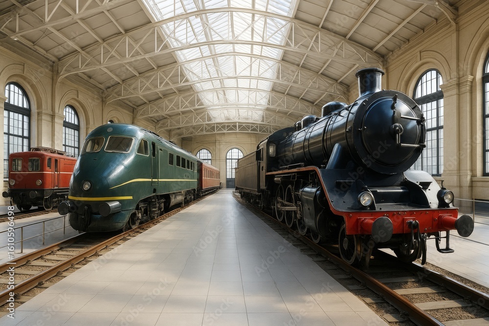 Aufkleber historic and modern trains side by side in a bright railway museum hall with arched windows and eleg