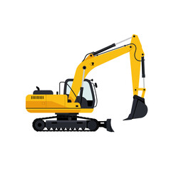 A vibrant yellow excavator, depicted in a flat, vector style, stands isolated against a clean white background, ready for construction and excavation work.