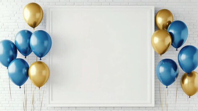 Blue and Gold Party Balloons on White Brick Wall &ndash; Celebration Arch for Birthday, Anniversary, or Event Decoration Background


