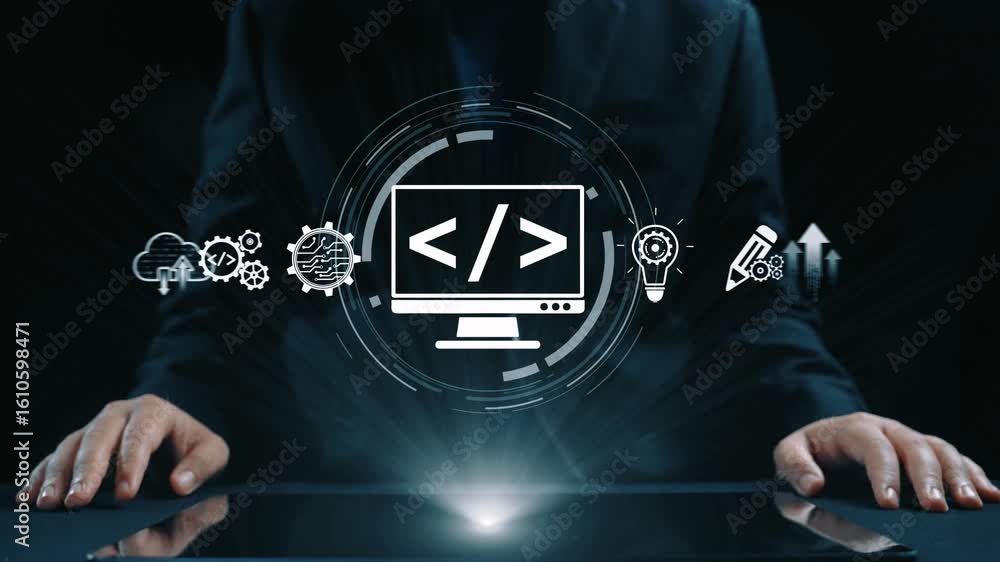 Poster modern web development concept featuring coding symbols, web development process, web development in