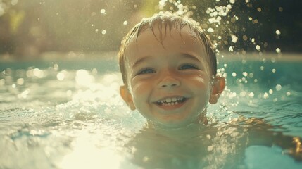 Joyful Child Playing in Pool.