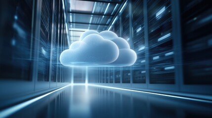 サーバー室で浮かぶクラウドコンピューティングの概念図 | Cloud computing concept floating in a server room