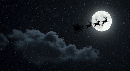 Naklejka premium Santa's sleigh silhouetted against the full moon in a magical winter night scene