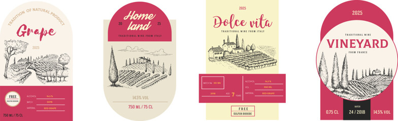 Set templates label, banner or sticker wine product. Collection design elements for corporate branding drinks or juice. Various vector illustration in hand draw sketch style.